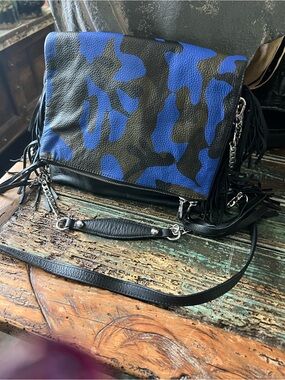 Ash Blue and Black Camo Leather Fringe Crossbody Bag